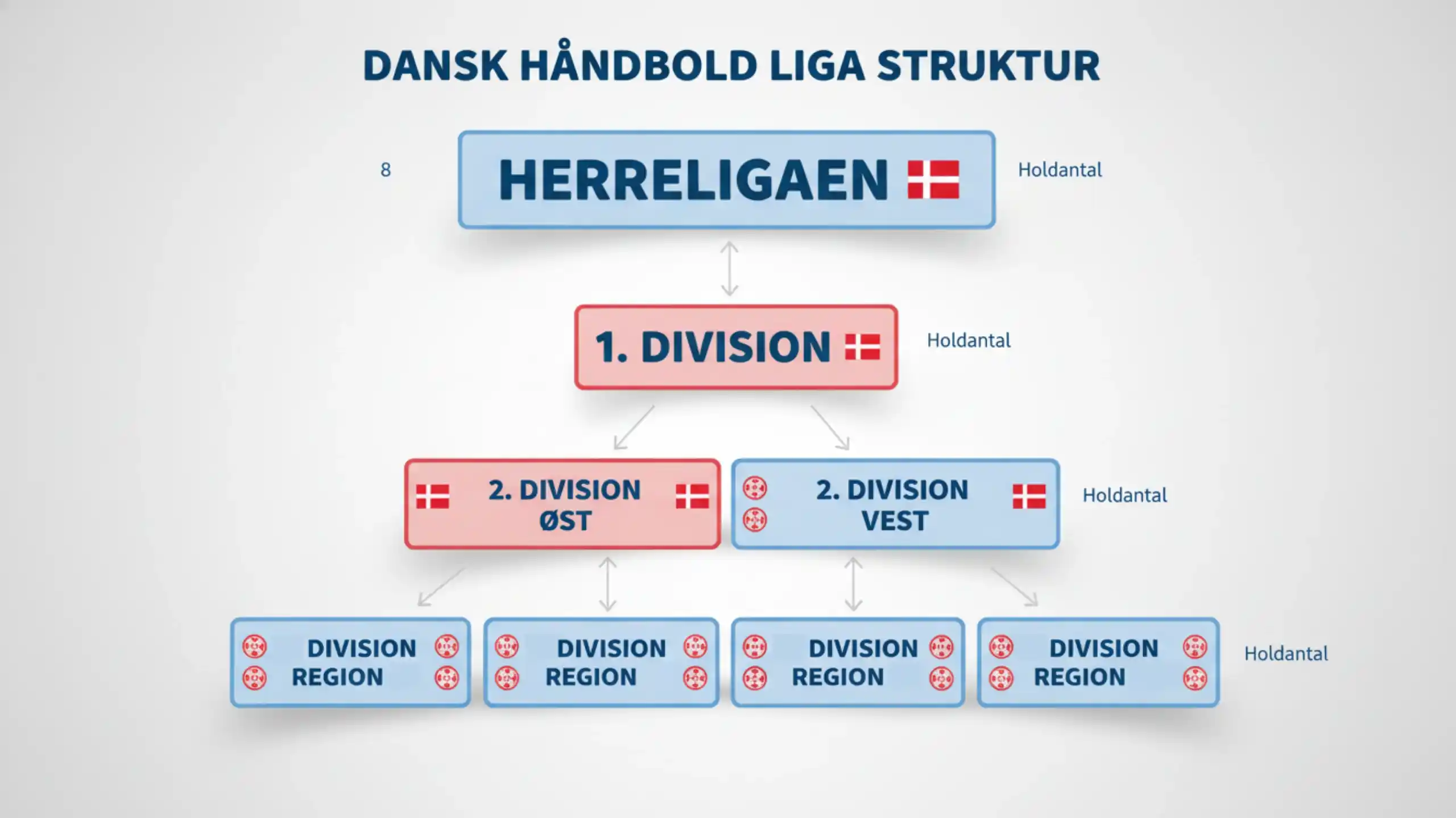 Oversigt over dansk håndbolds ligastruktur med Herreligaen og Dameligaen